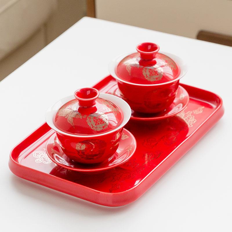 结婚敬茶杯红色盖碗喜碗喜杯对杯碗筷托 托盘婚庆改口茶杯礼盒套