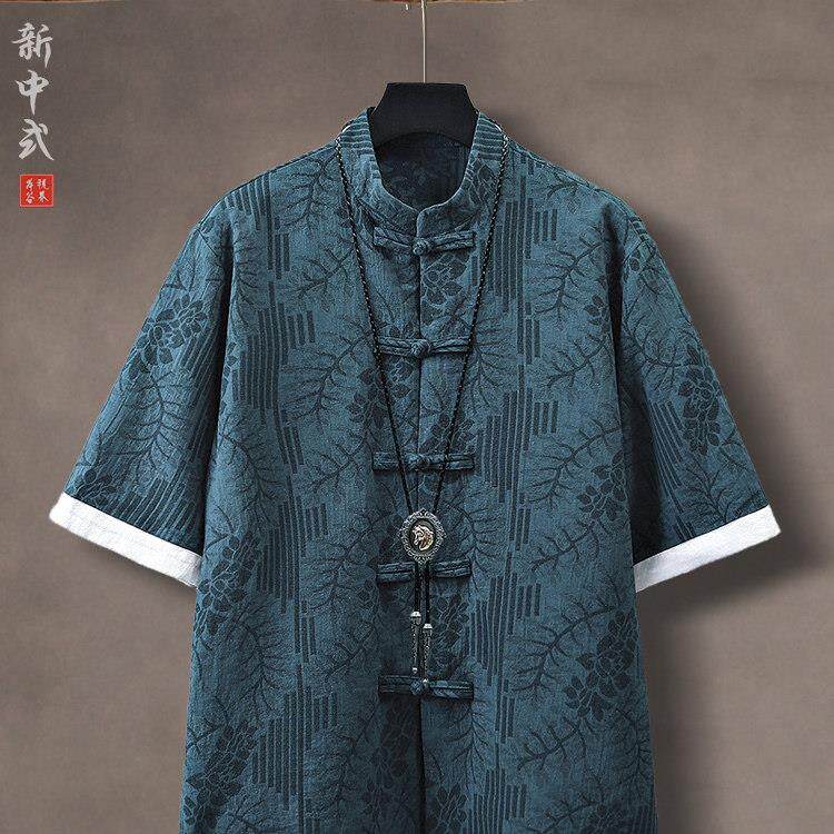 覆古暗纹提花盘扣唐装衬衫男士新中式大尺码五分袖中山装短袖上衣
