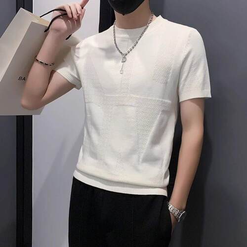 LL男装t恤男短袖潮牌潮流圆领针织高级感白色打底衫百搭提花内搭