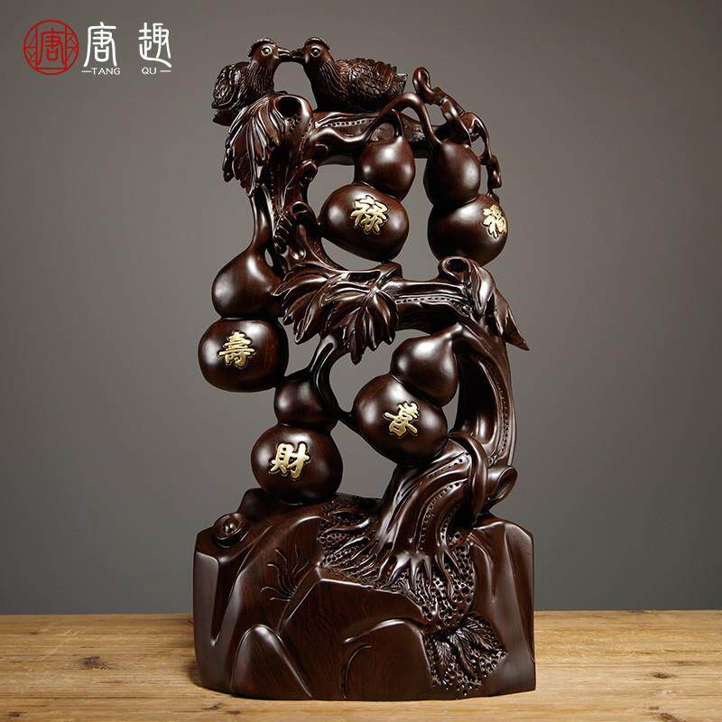 正品檀木雕黑刻年年有根荷花鱼摆雕件家居客厅玄关装饰工艺礼品摆