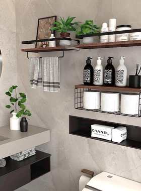 墙上壁挂式浮动架带储物篮木制浴室架L形金属支架储物架置物架