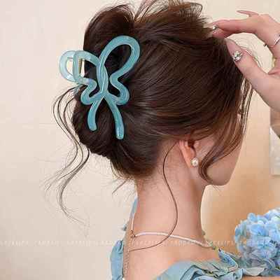 早春款水蓝色蝴蝶结抓夹大号女2025新款后脑勺盘发夹子鲨鱼夹头饰
