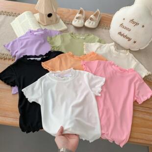 Womens Casual Solid Lettuce Trim Short Sleeve Crew Neck Tee