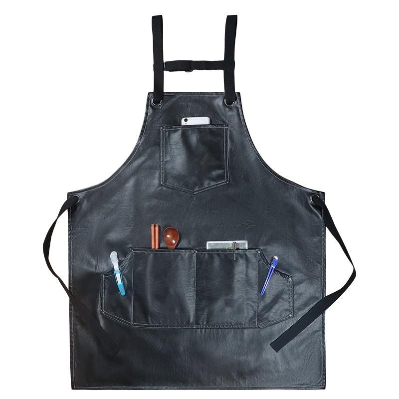 亚马逊跨境美发烫染软皮PU革围裙订LOGO厨房餐饮服务员背带工作服