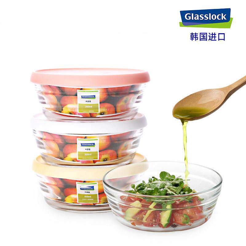 glasslock进口耐热透明玻璃碗带盖钢化碗微波炉用饭碗沙拉碗300ml