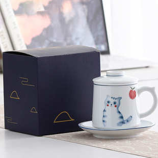 茶咖时光咖啡杯个人喝水办公杯手绘陶瓷杯茶水分离高档水杯带礼盒
