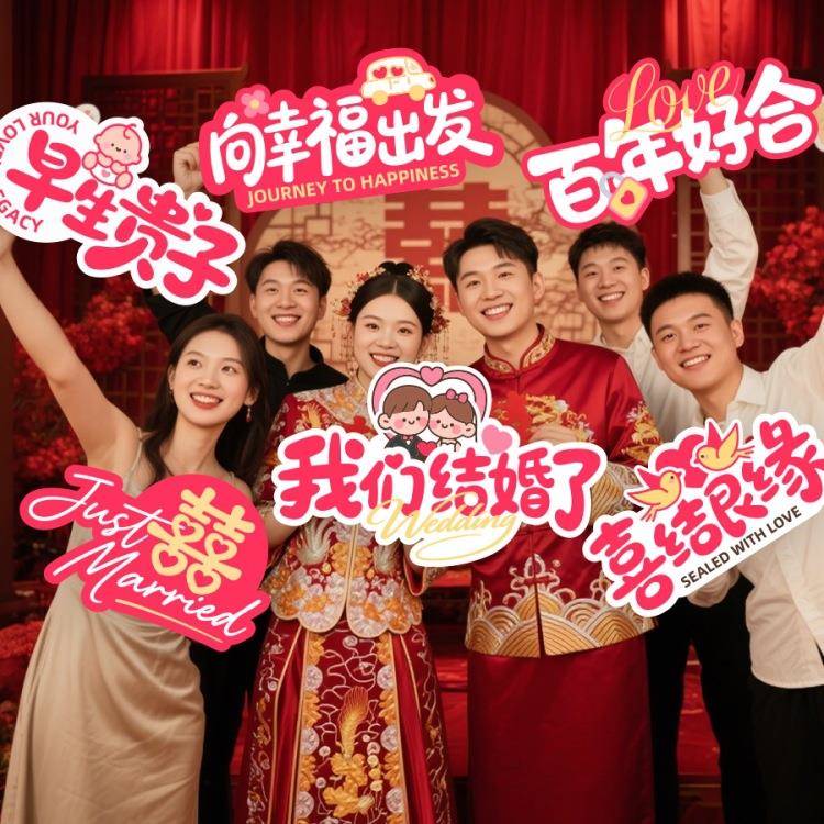 结婚手举牌婚SMT礼装饰品创意新娘新郎庆活动婚手持围拍照道板氛