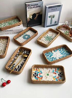 越南藤编贝壳托盘手工编织收纳托盘客厅干果点心托盘茶道茶具托盘