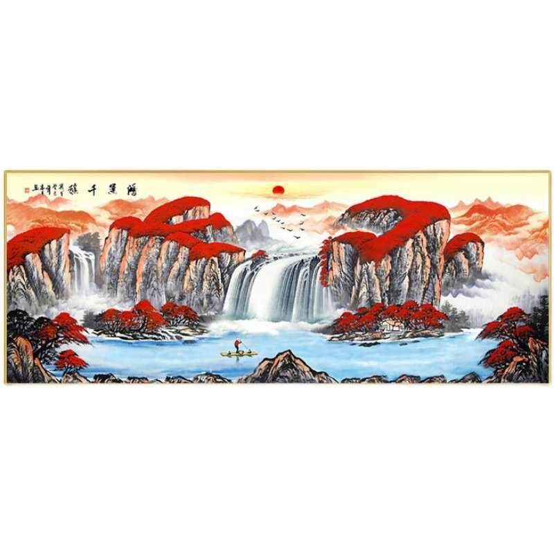 客厅画中式流水山水墙面装饰画晶生财壁画现代国画挂画新钻办公室