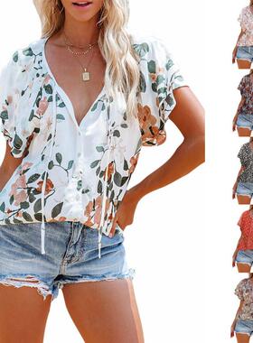 Printed top women's half open front short sleeved shirt