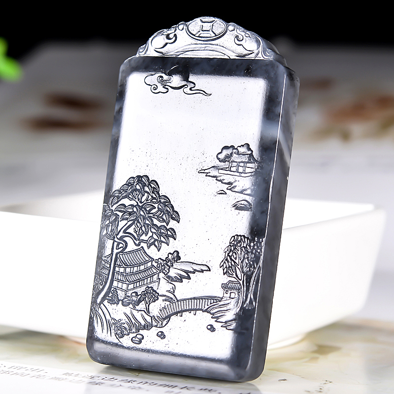 烟紫色山水牌 和田玉籽料青花墨玉山水牌一线天山水牌114.3542g