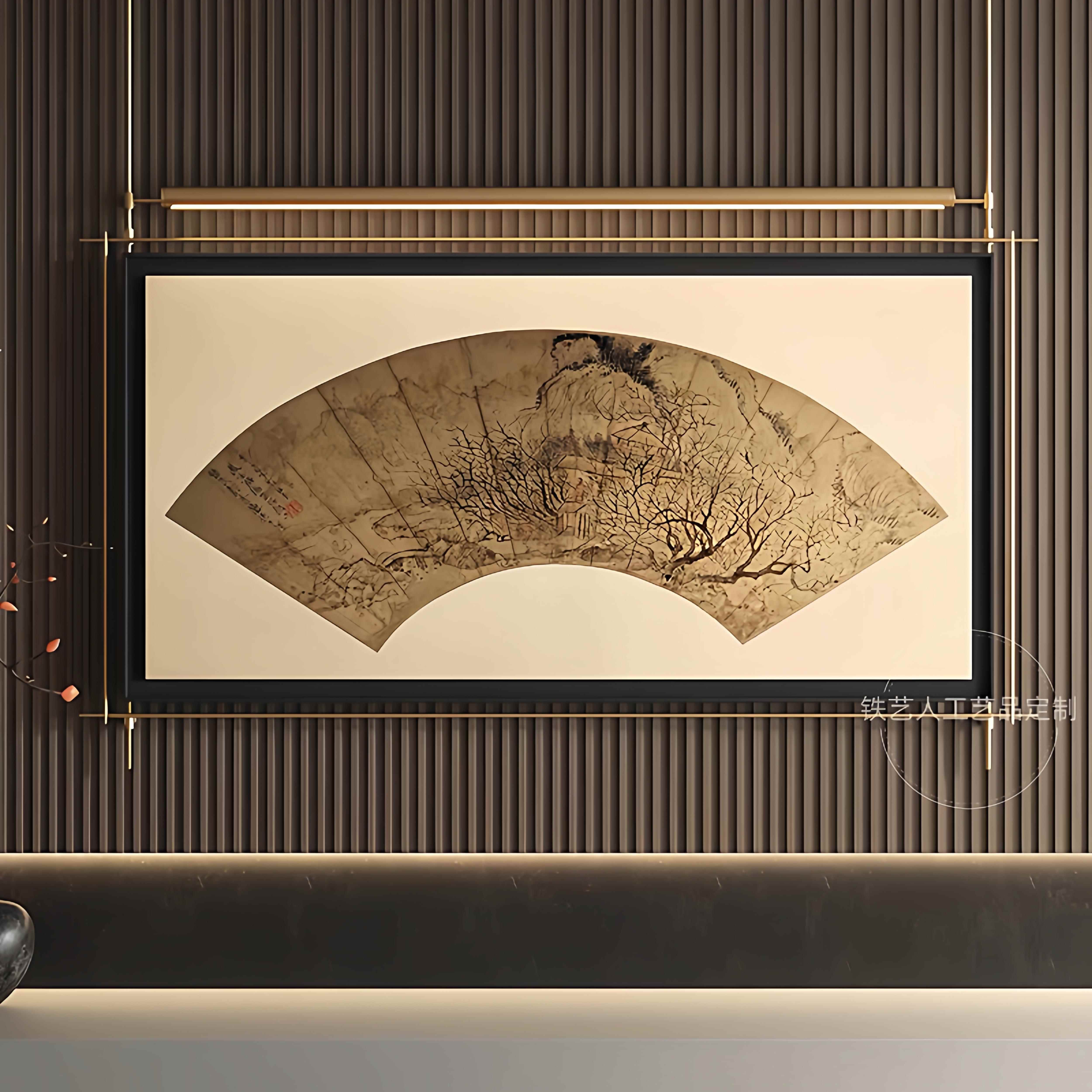 新中式酒店餐厅金属吊杆发光壁画美容院会所轻奢高档山水挂画壁灯