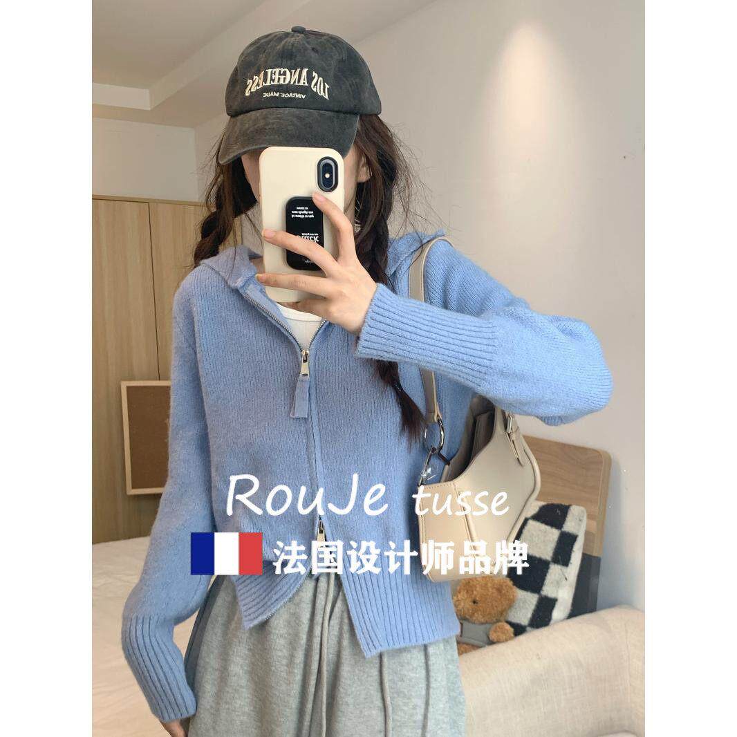 灰色短款连帽双拉炼羊毛针织衫小众外套羊绒毛衣上衣女开衫帽衫潮