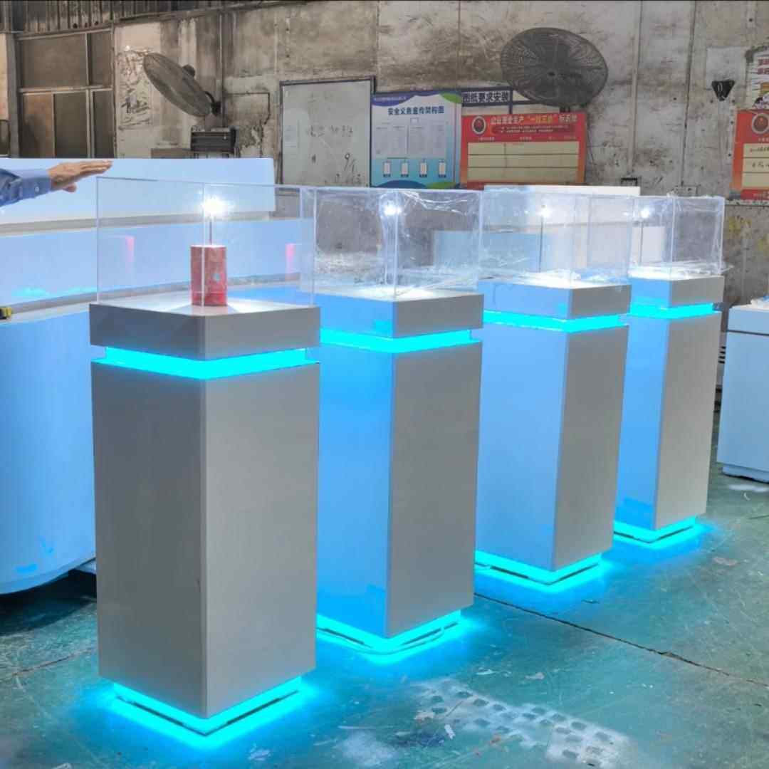 木制烤漆展示台方形发光中岛架白色地台展厅展会展柜智能锁防尘罩