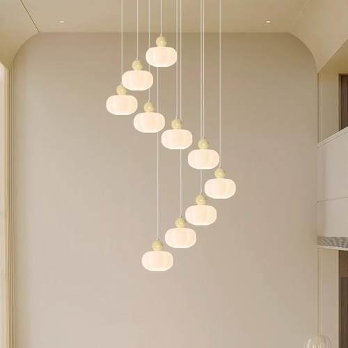 奶油风现代约新吊款楼梯简吊灯长灯别墅复式楼74152挑空大厅意创