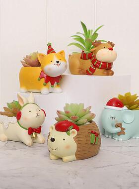 诞卡工通动物多R7B3T0肉树脂圣花盆园桌面艺盆栽花器创意手小花盆
