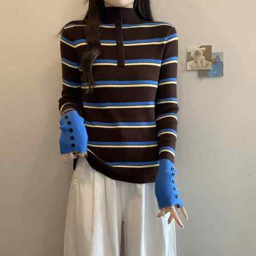 新款洋气秋冬大码女装条纹高领针织上衣女长袖修身显瘦百1218h