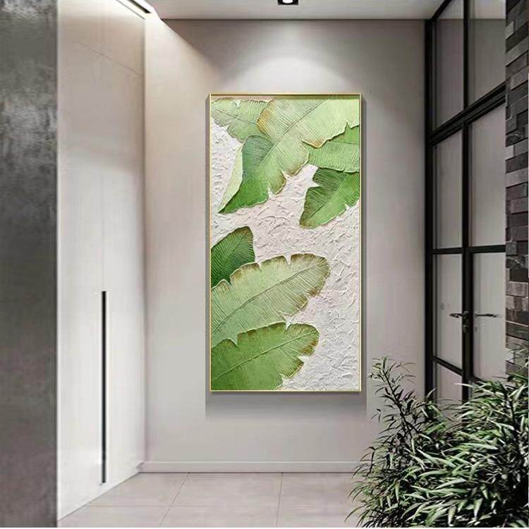 纯手绘立体肌理装饰画玄关叶子竖款大型油画高端现代金箔挂画