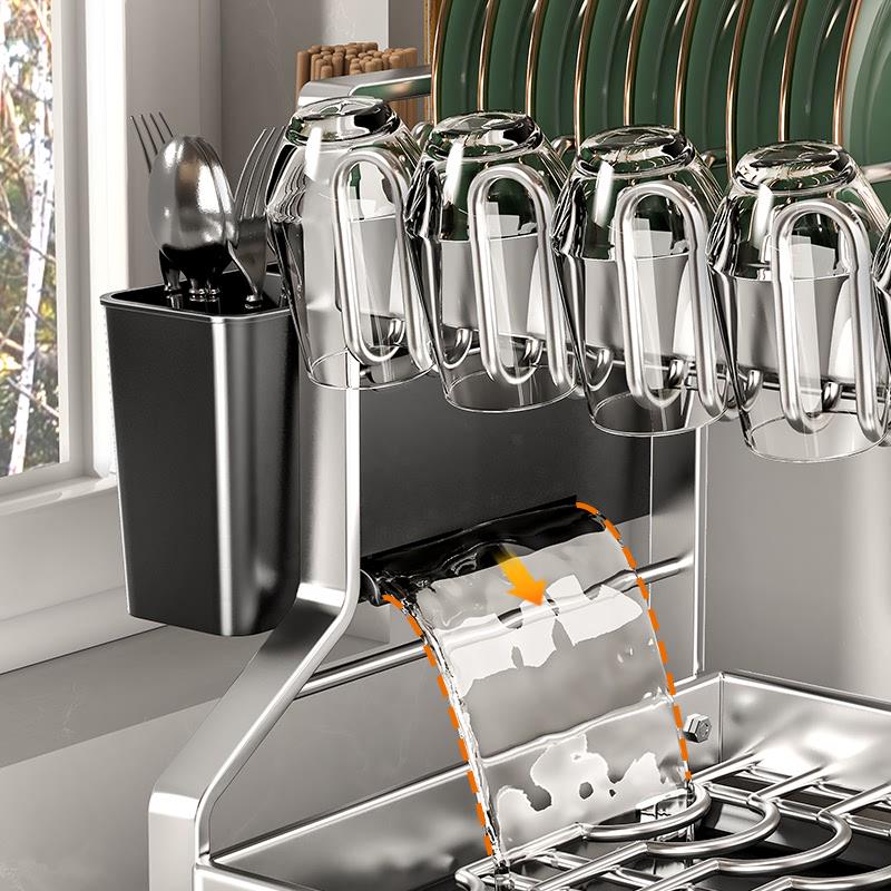 不锈钢双层碗碟架杯架厨房置物架收纳晾放刀筷导流款沥水架