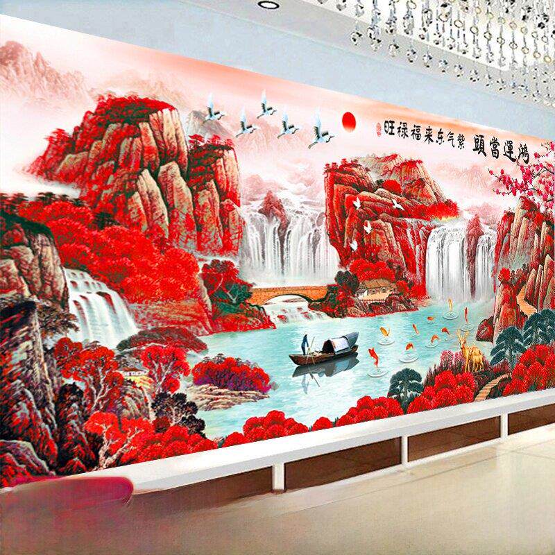 钻石画2025新款满钻客厅流水生财点钻砖秀鸿运当头风景山水十字绣