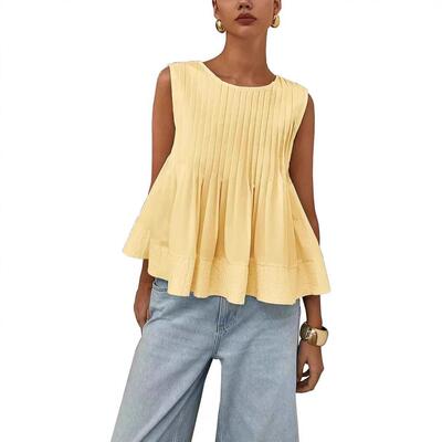 Womens Pleated Babydoll Tank Tops Summer Peplum Sleeveless