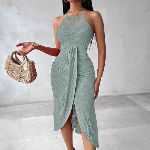 Women'S Sage Green Maxi Dress Halter Neck Ruched Knit Slit