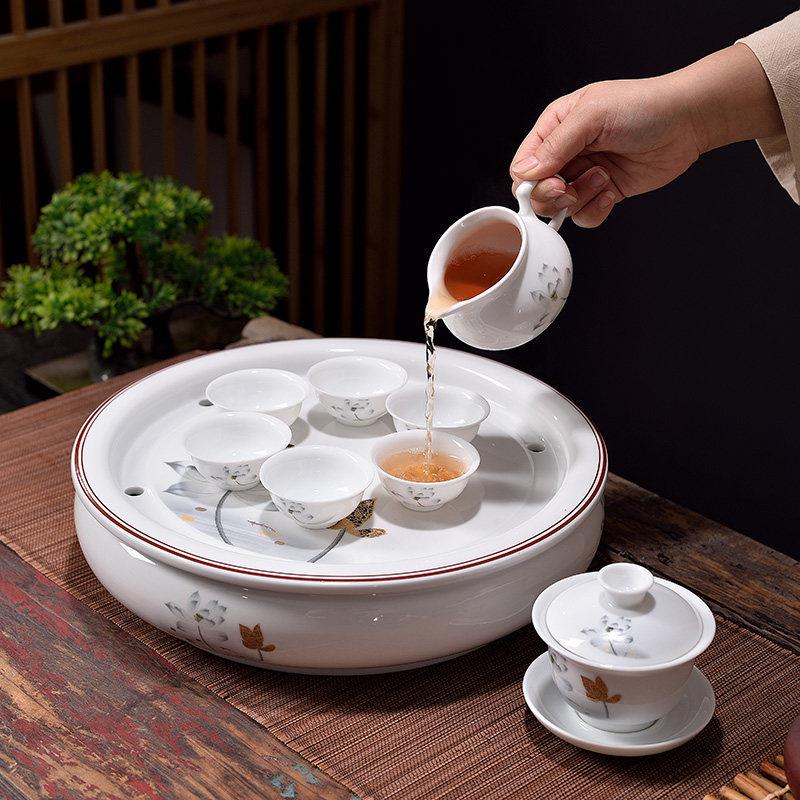 大号家用功夫茶具茶船玉瓷储水圆形茶盘整套盖碗茶杯简约茶具套组