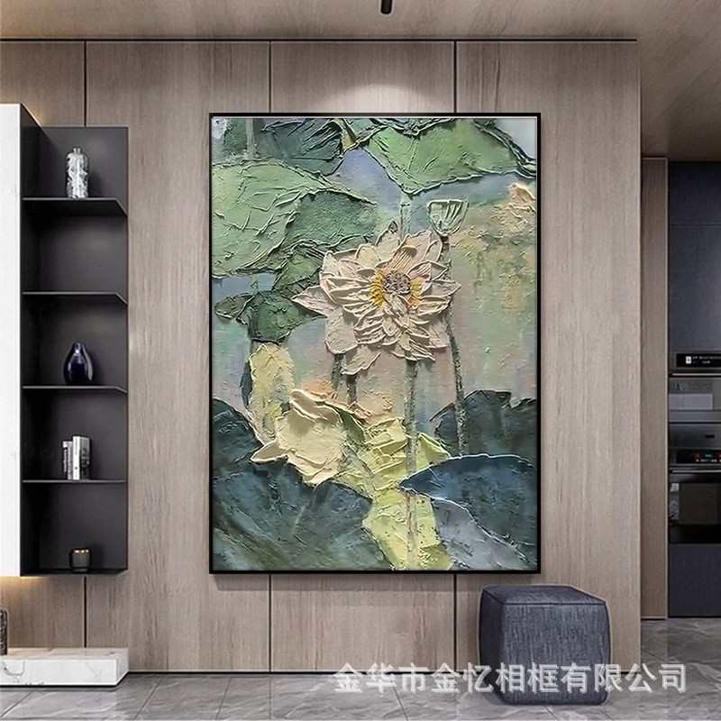 纯手绘立体肌理装饰画玄关花卉竖款大型油画金箔高端现代挂画批发图片