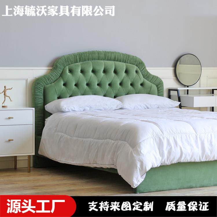 法式复古轻奢布艺床怀旧中古风vintag褶皱拉扣丝绒双人婚床民宿