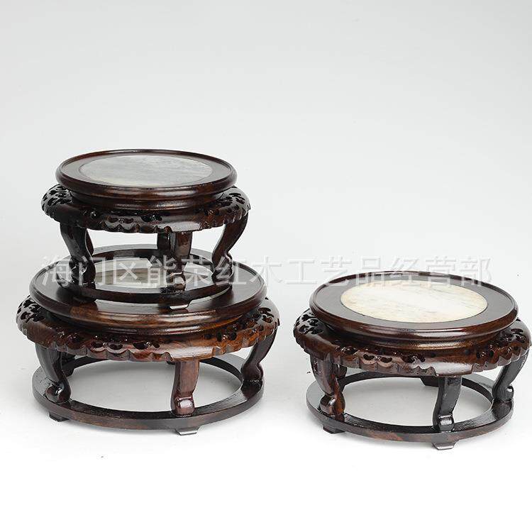 黑檀嵌大理石圆底座实木中式工艺品摆件奇石头花瓶底座木质托架