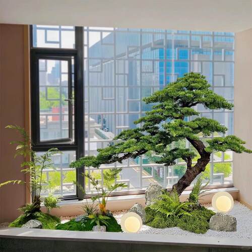 新中式仿真迎客松树室内楼梯下造景植物景观玄关橱窗装饰绿植假树