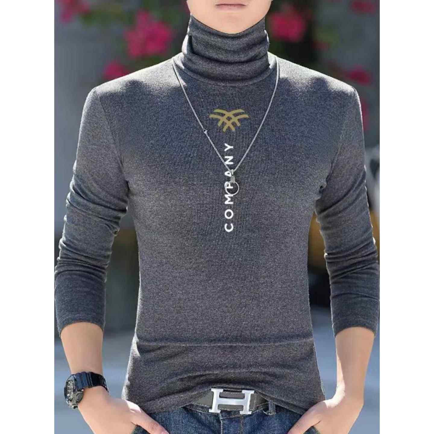 高领长袖T恤男秋冬季新款纯棉休闲男士高档修身印花保暖打底衫厚