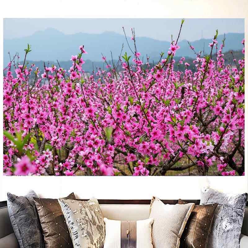 桃花林自然风景画桃花运桃树红色花朵客厅办公室背景墙自粘装饰画