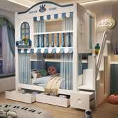儿童床男孩上高架床下书床双层同宽上下铺高床箱低高子母高护栏树
