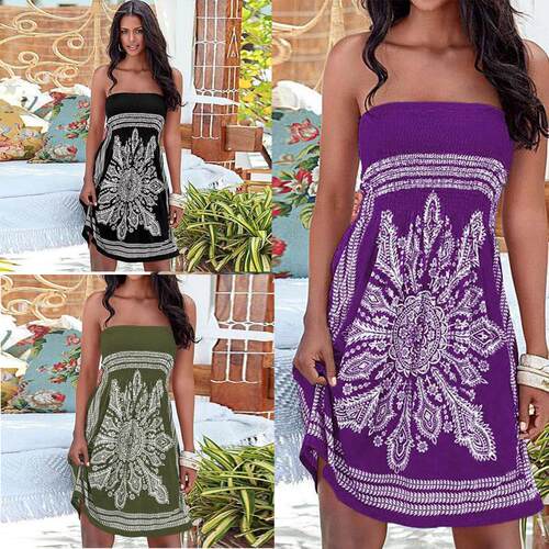 Waist tied strapless printed sleeveless off shoulder dress