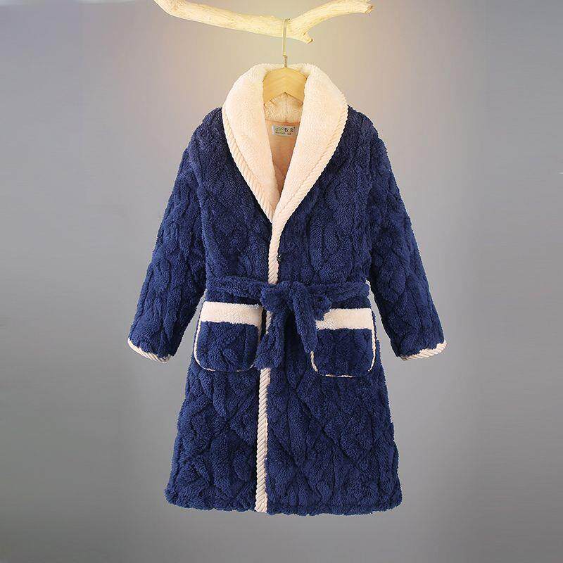 儿童睡袍新款冬季三层夹棉加绒加厚男童女童提花法兰绒中大童浴袍