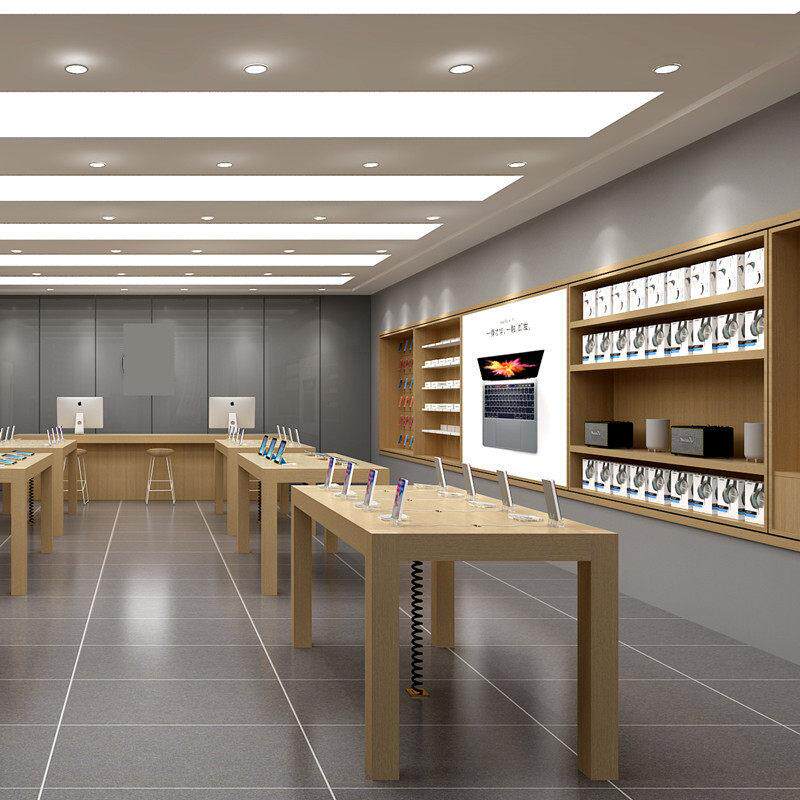 苹果体验台展示桌搭配实木皮展示柜可移动拆装设计适用商业场景