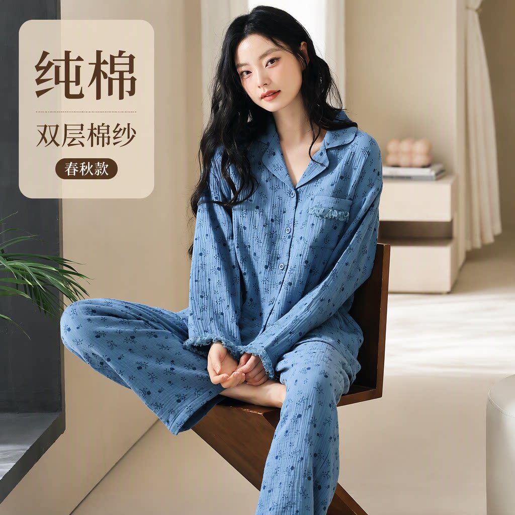 浪莎纯棉双层棉纱睡衣女春秋款长袖翻领开衫碎花高级感家居服套装