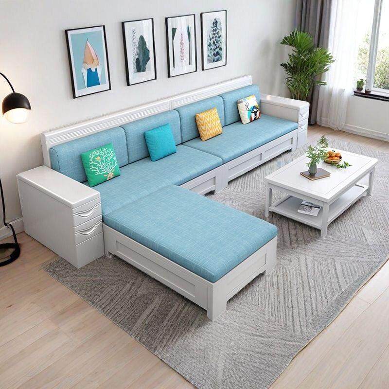 现代简约全实木沙发客厅组合白色冬夏两用高箱储物贵妃位家用沙发