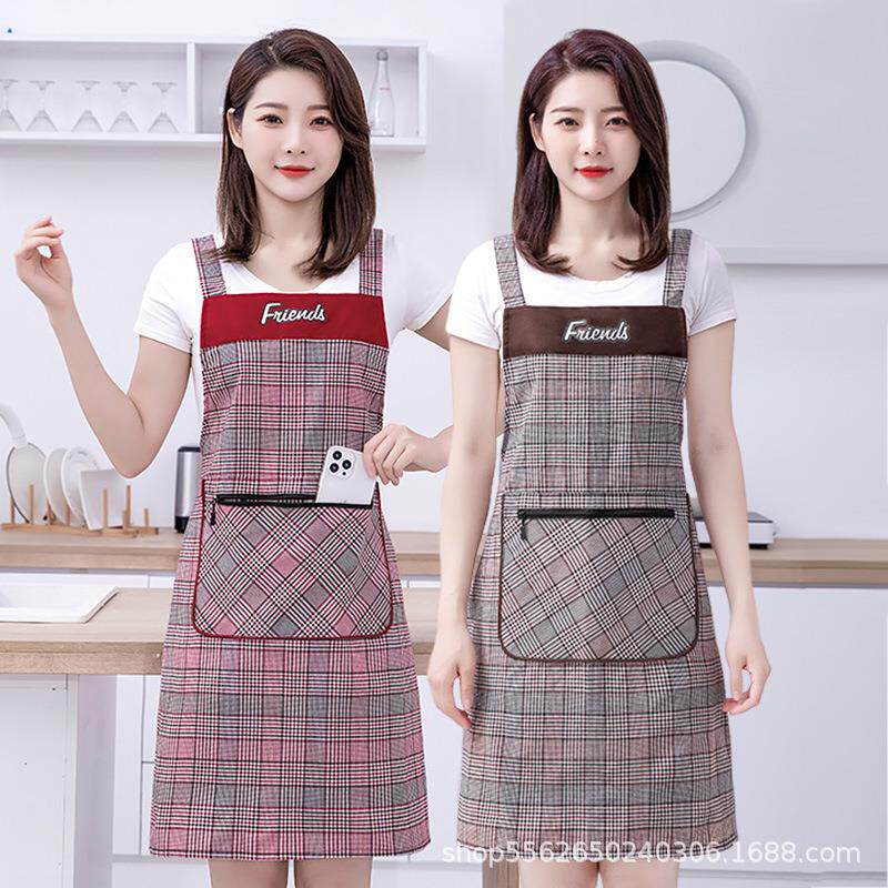 韩版女时尚加厚棉布透气围裙家用厨房做饭工作服无袖格子背带围腰