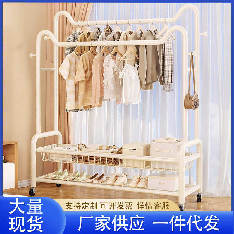 简易一体靠墙衣服收纳晾衣架双杆挂衣架卧室落地可移动衣帽架