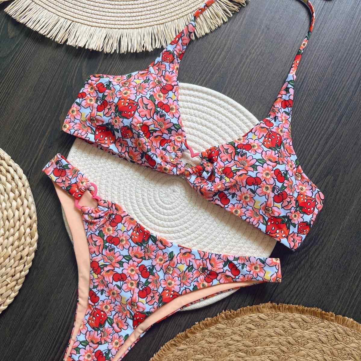 Love Strawberry Printed Bikini Set Strap