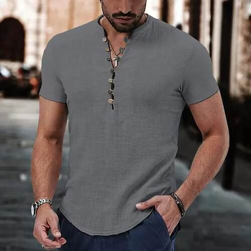 Mens Linen Shirt Plain V-Neck Summer Casual Shirts Men 衬衫