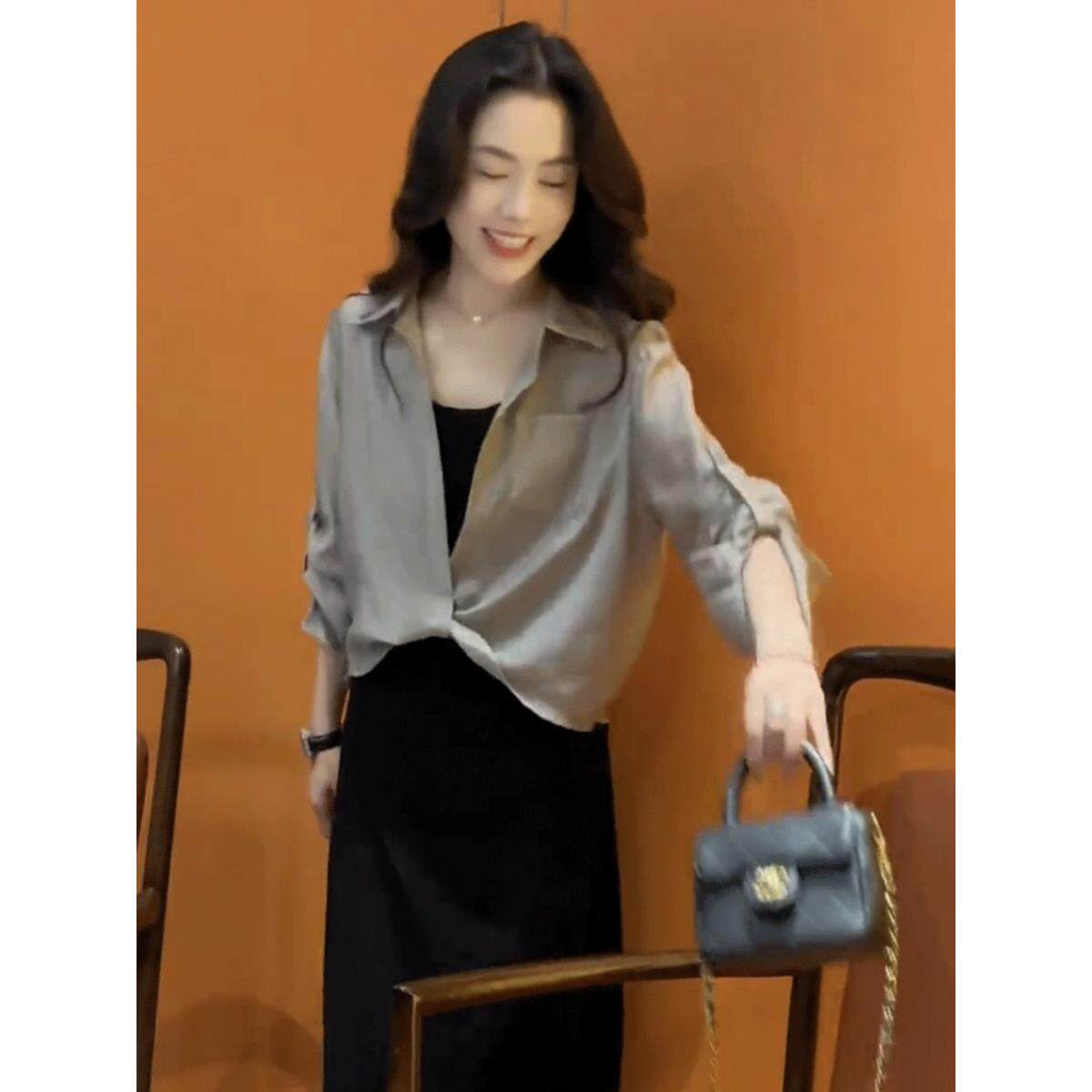 法国冰丝绸防晒衬衫2025年夏季女性薄宽松和苗条与吊带裤和短上衣