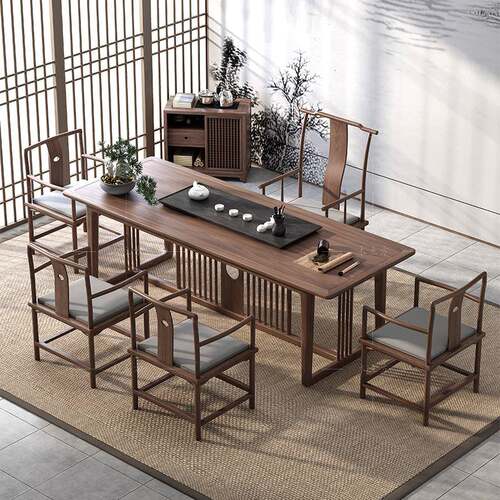 2I新中台式实茶木桌椅合茶室泡茶茶桌北美黑胡组桃KOL木办公室书
