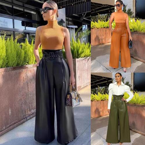 Women's high waisted long pants, stylish leather pants,