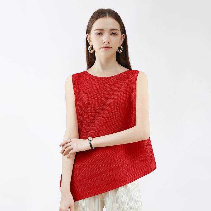 female color solid pleated sleeveless top all-match neck