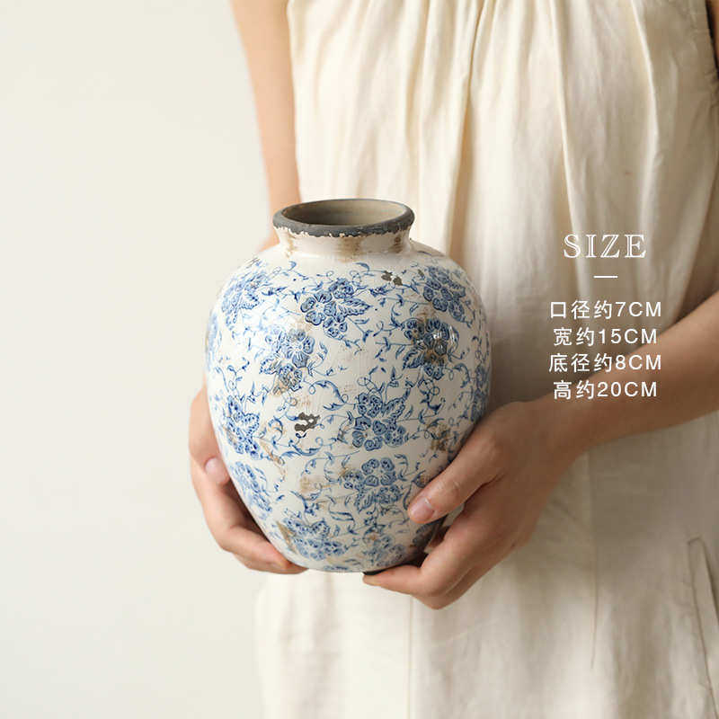 陶瓷摆件大肚子装饰陶瓷花仿古蓝彩花瓶中式冰批发青花小口裂纹器