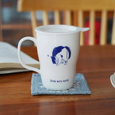 然而家 520礼物可爱猫咪陶瓷白瓷马克杯带盖防尘盖简约水杯咖啡杯