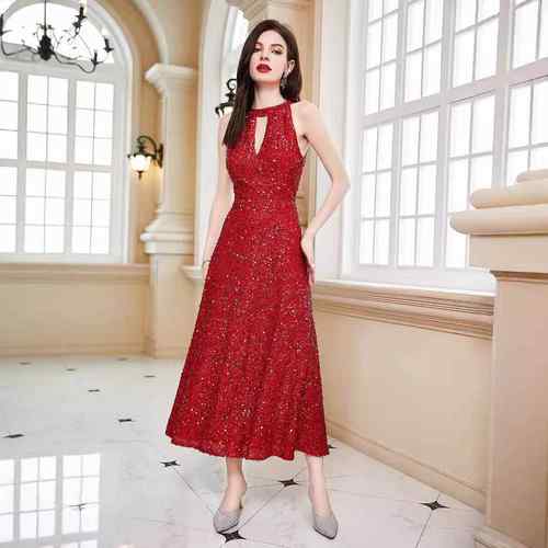 Sleeveless halter neck dress backless evening gown